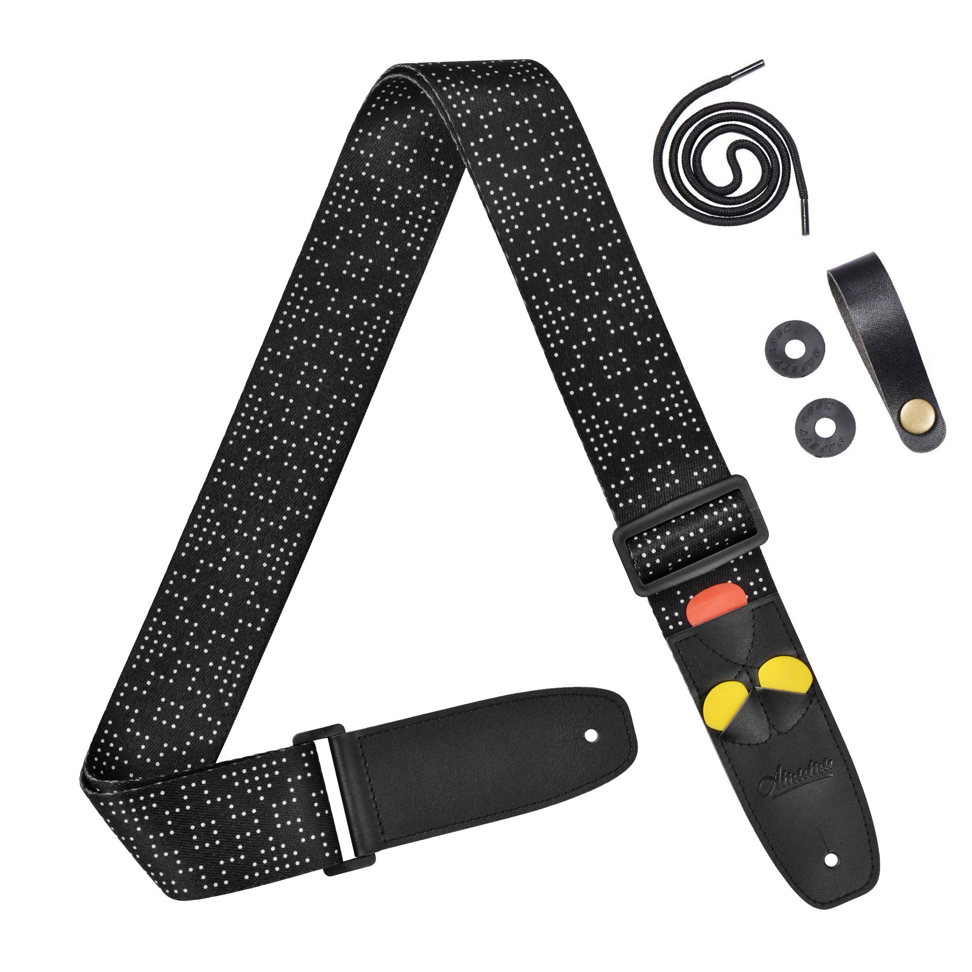 

White Dot Guitar Strap with 3 Pick Holders for Bass Guitars [Amumu] Acoustic, Electric, -Black