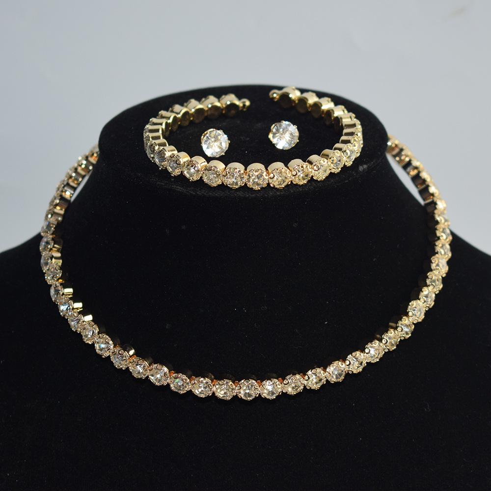 Gold & Silver Rhinestone Jewelry Set: Choker, Bracelet, Stud Earrings, & Necklace