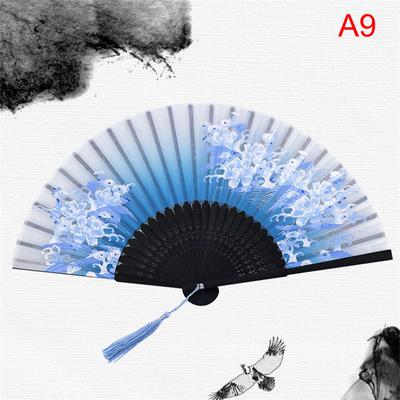 Chinese Silk Folding Fan Wooden Shank Classical Dance Fan Home Decoration