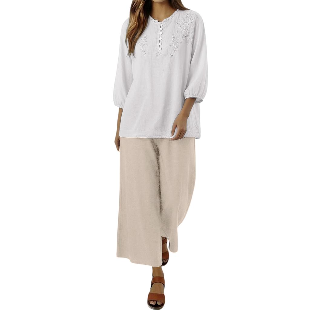 Women Embroidered Lace Loose Fit Three Quarter Sleeve Top and Wide Leg Pants Two Piece Set Casual Outfit Suit