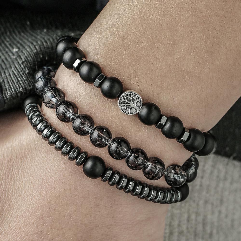 Men's Retro Hip Hop Black Agate Beaded Bracelet Set