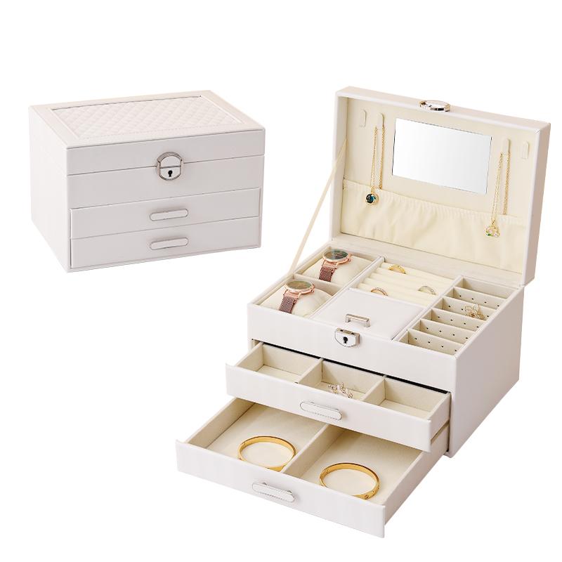 1PC, Light Luxury High-end PU Leather Diamond Three-layer Leather Jewelry Storage Box with Lock