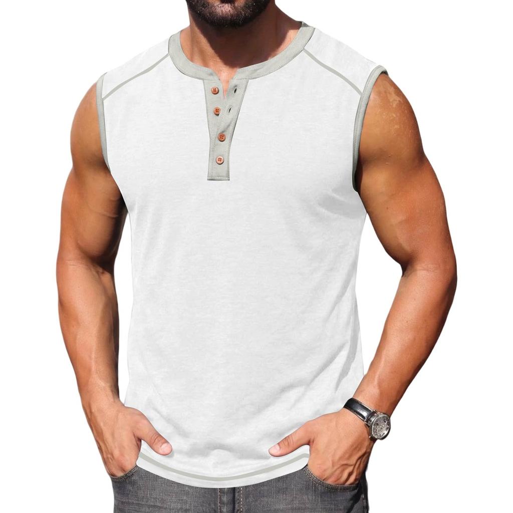 Men Sleeveless Henley Shirt Casual Athletic Tank Top Button Front Muscle Fit Summer Workout Shirt for Outdoor Sports