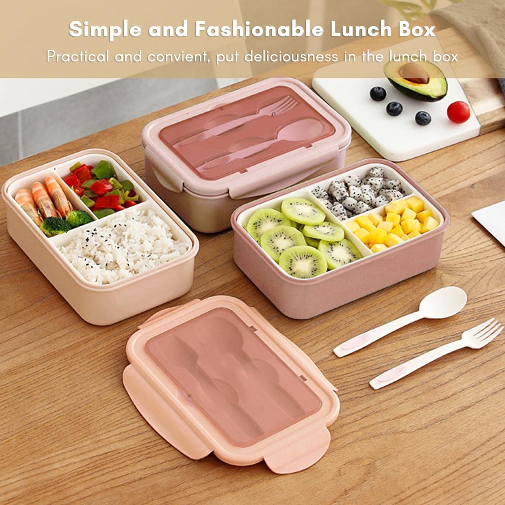 1400ML Plastic Lunch Box With Fork and Spoon 3 Compartment Single-layer proof Reusable Crisper Portable Sealed Box for Adults Kids Home Scho