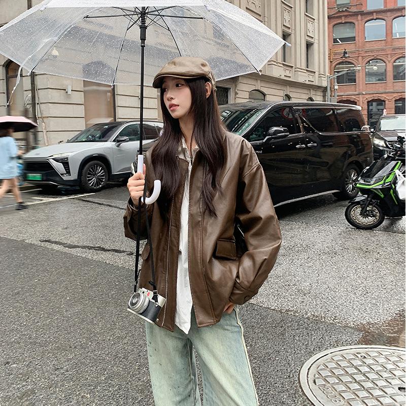 

Винтажная женская короткая кожаная куртка коричневого цвета на весну и осень, маленькая свободная кожаная куртка, красивая куртка-локомотив XL темно-коричневого