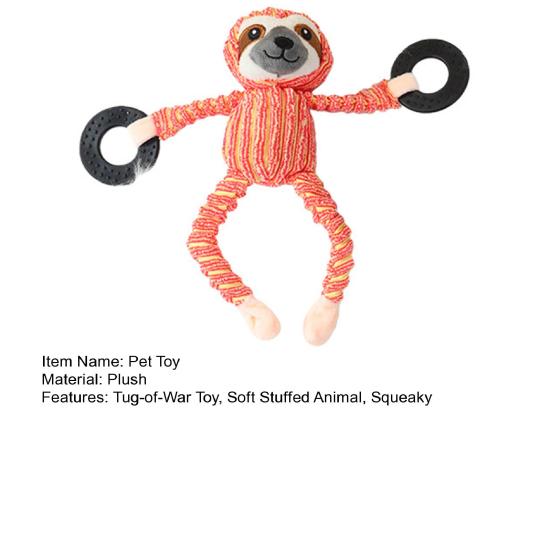 Interactive Dog Toy Squeaky Plush Animal Dog Chew Toy with Rubber Ring Stuffed Sloth Monkey Tug-of-War Toy for Puppy Teething