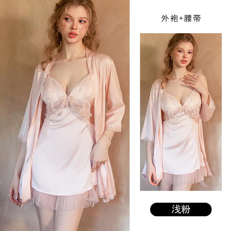 Women's Satin Deep V Push Up Padded Flutter Sleeve Cami Robe Lounge Set