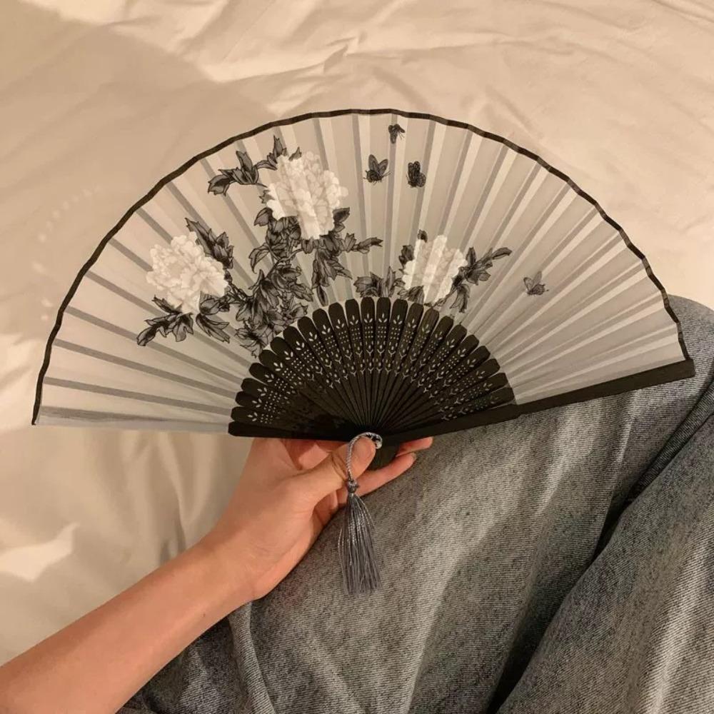 Portable Vintage Style Chinese Japanese Folding Fan Plastic Colorful Shank Classical Dance Fan Crafts Folding Photo Props Gifts