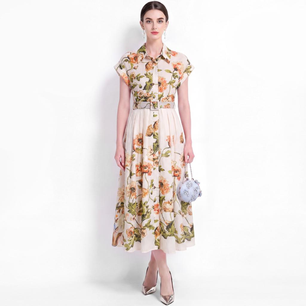 Elegant Floral Print Midi Shirt Dress for Women Summer Cap Sleeve Lapel Button Down Waist Belt A-Line Dress Holiday Outfits