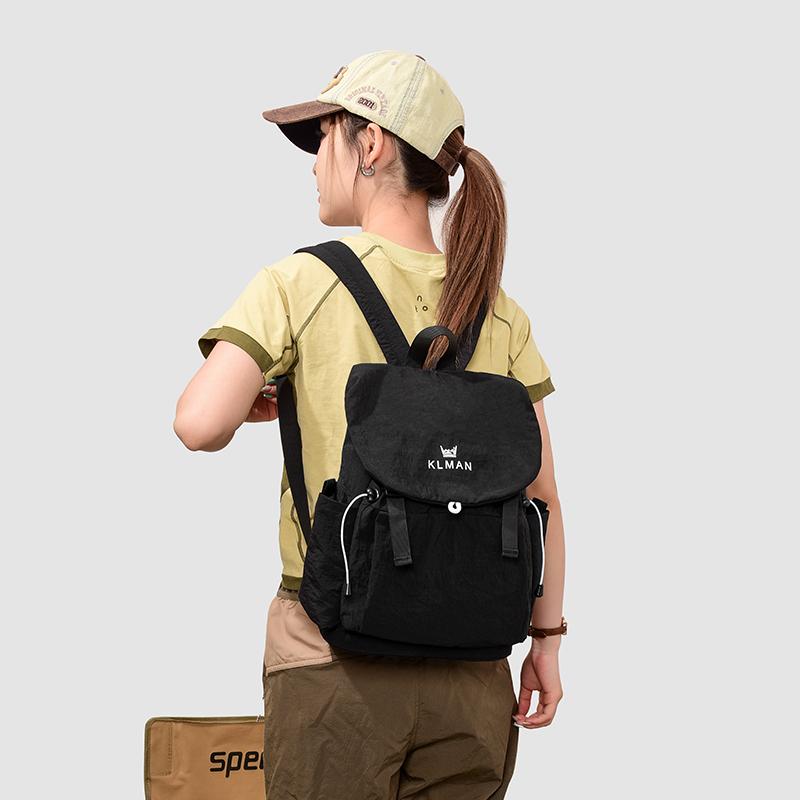Solid Black Flap Backpack with Drawstring Closure Side Pockets Adjustable Straps Casual Travel Daypack