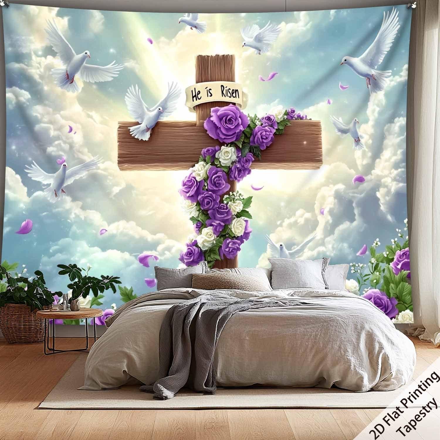 

Purple rose and white dove cross Digital printing polyester wall tapestry suitable for use in living rooms offices bars party 74x94cm(29x37in)