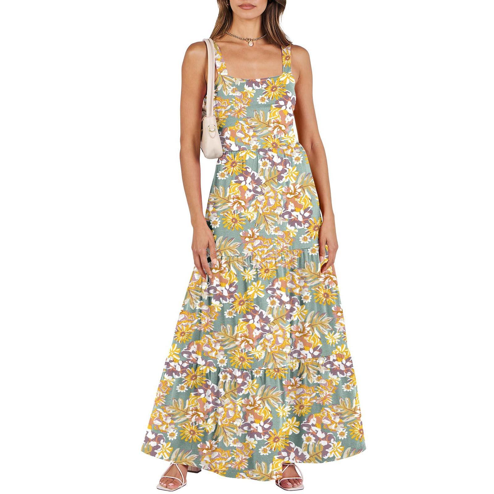 

Женские летние повседневные длинные пляжные платья для отдыха без рукавов с квадратным вырезом, струящееся многоуровневое солнцезащитное платье с карманами XL жёлтый