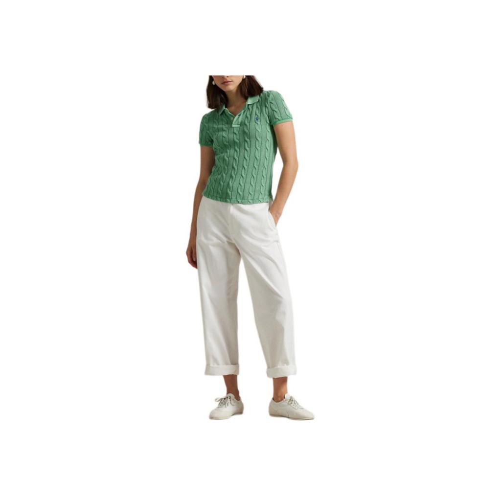 Polo Ralph Lauren Solid Slim Fit Cable Knit Short Sleeve Polo Shirt Women Tops Medium-Green WMPOKNINB920241-310