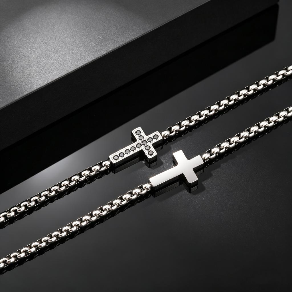 Classic Zircon Cross Bracelets for Men, Stainless Steel Chain Wristband, Stylish Religious Jewelry Gift for Dad Father Husband