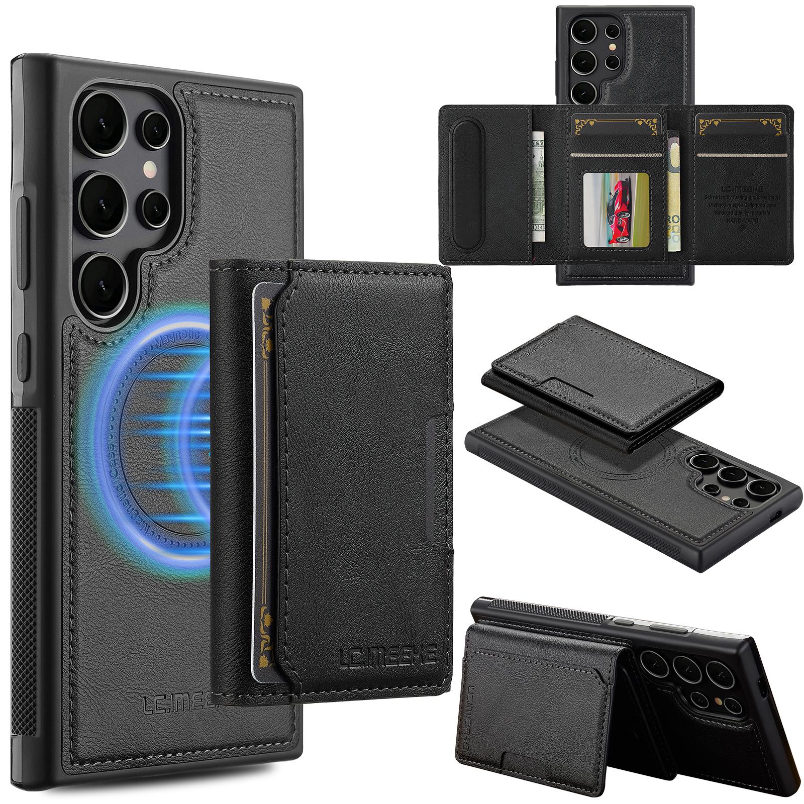 

For Samsung Galaxy S22 Ultra 5G Magnetic Phone Case Leather Back Cover with Detachable Card Holder Black