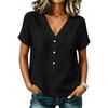Women Casual V Neck Button Front Top with Pocket Short Sleeve Relaxed Fit Blouse Lightweight Comfortable Fabric
