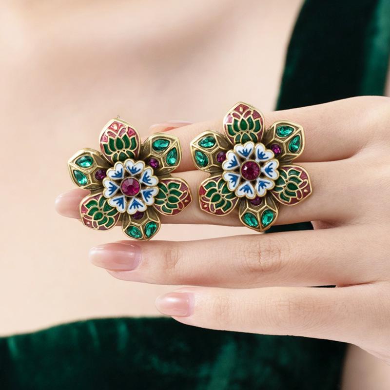 Ретро Этнические Эмалированные Изумрудные Цветочные Дзен Лотос Серебряные Пусеты