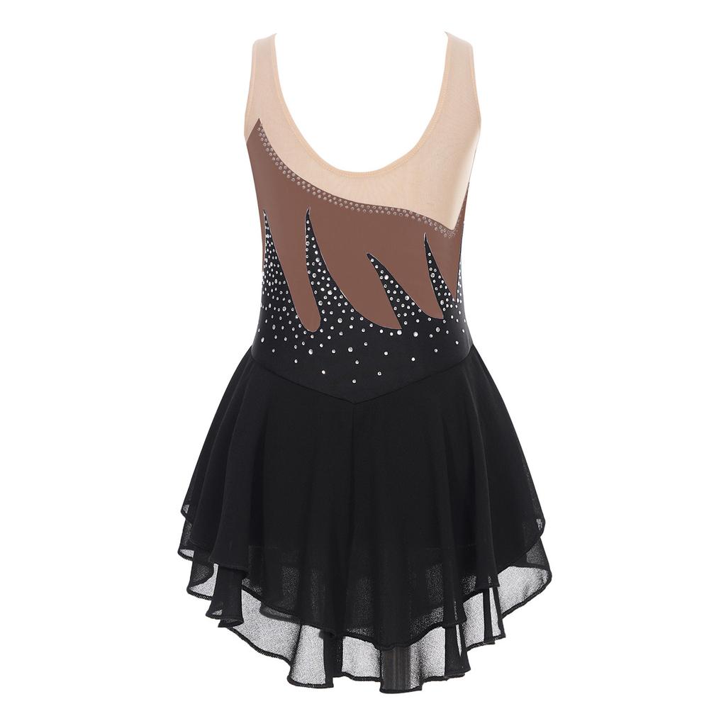 Girls Color Block Sheer Mesh Patchwork Dress Sleeveless Shiny Rhinestone Design Figure Skating Performance Gown