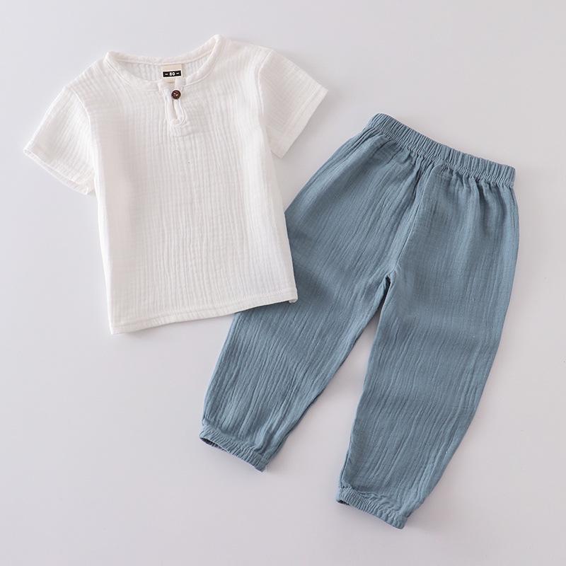 Kids' Summer Cotton Linen Two-Piece Set - Short Sleeve Top & Joggers