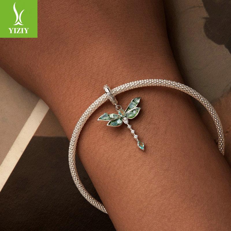Vintage Green Dragonfly Diy Pendant Accessories, Glamour Lucky S925 Sterling Silver Insect Beaded