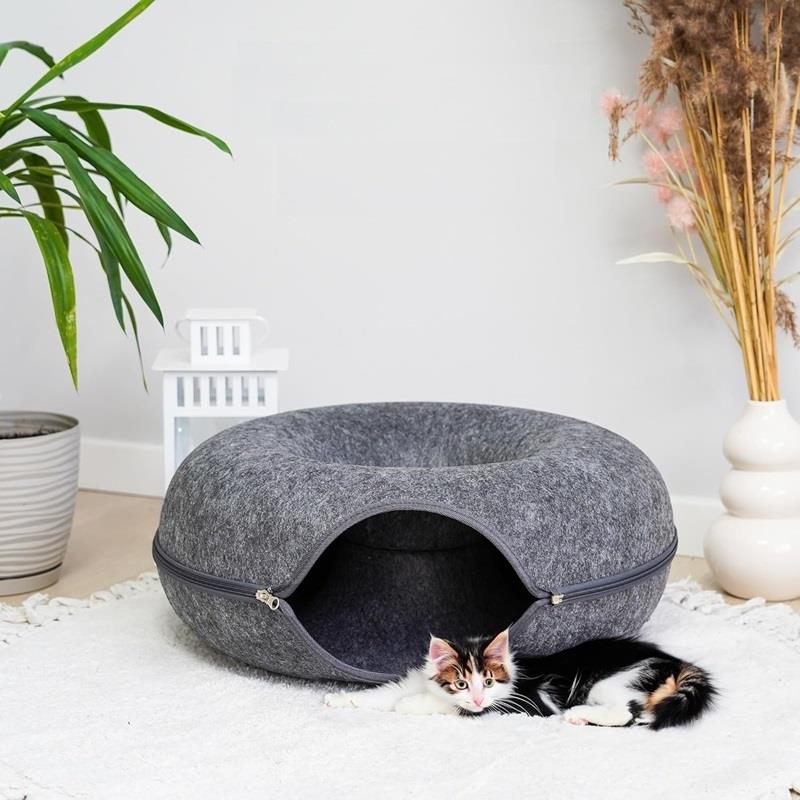 Bed Tunnel House for Cat Dog Round Donut Dark Gray 50cm
