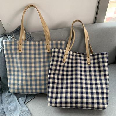 Light Blue Plaid Canvas Shoulder Bag - Women's Japanese Korean Style, Large Capacity, Artistic Student Design