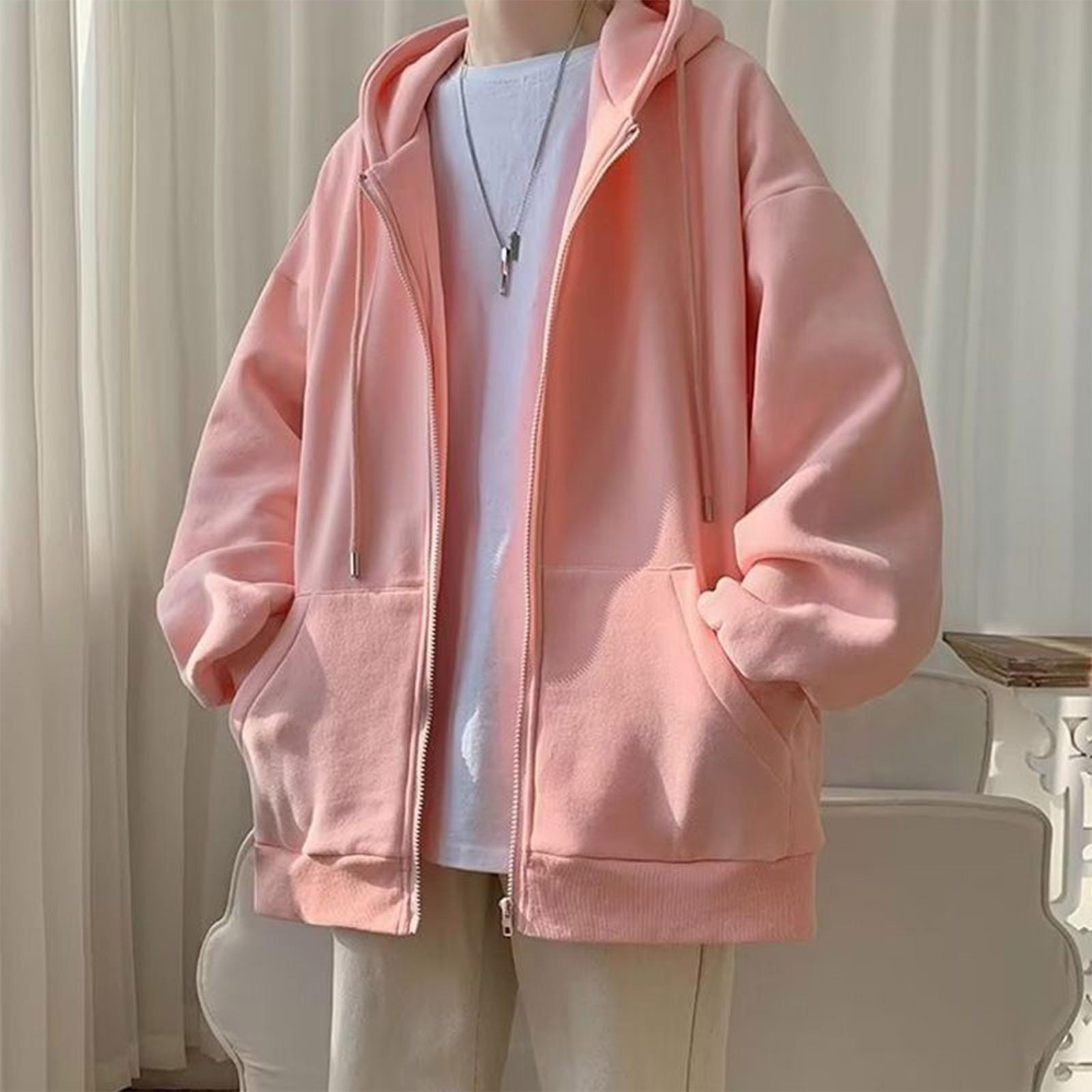 

Мужская повседневная модная однотонная толстовка с длинными рукавами и капюшоном, с карманом на молнии XXXL розовый