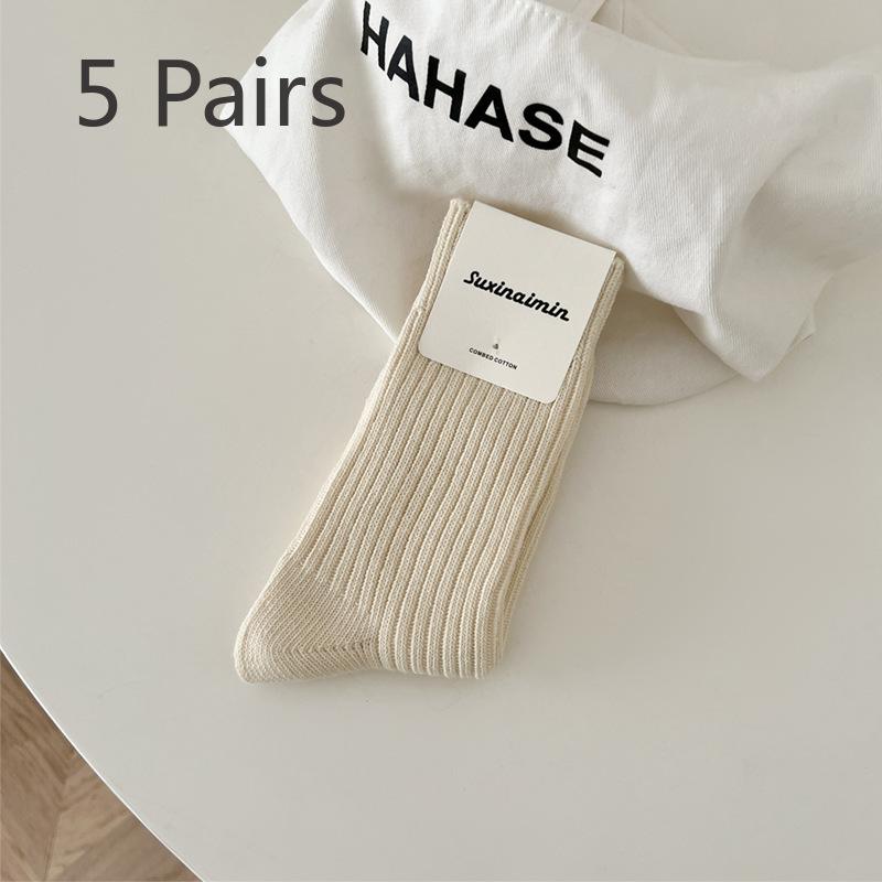 5 Pairs of Women's Spring and Autumn Versatile Slimming Vertical Striped Mid Top Stack Socks