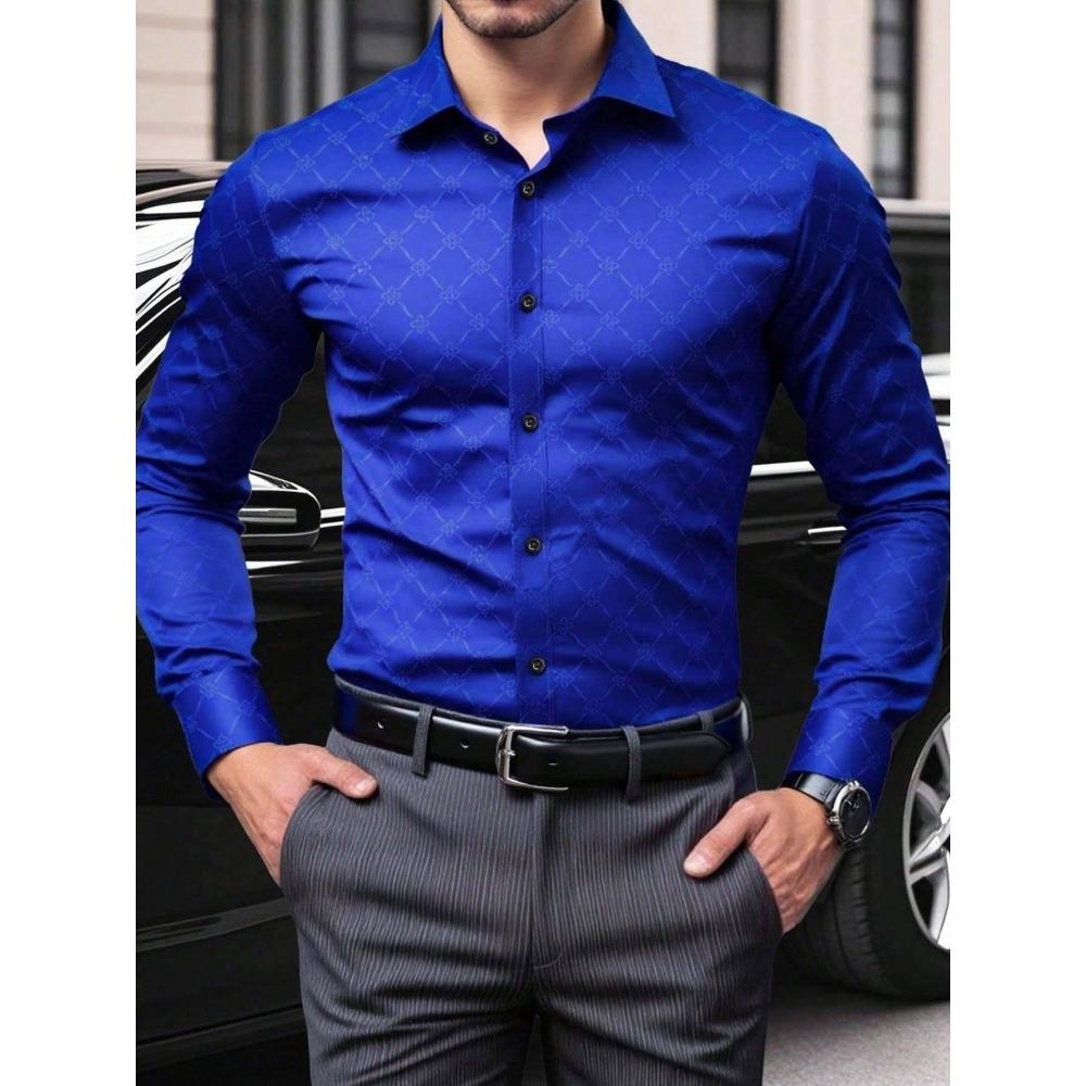 Light Luxury Dark Patterned Diamond Shaped Men's Shirt, Silky Slim Fit Shirt, European and American High-end Dark Printed Shirt