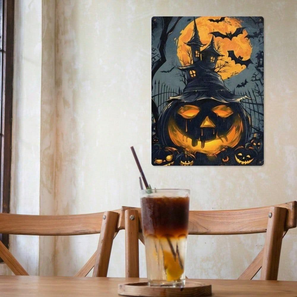 1pc Vintage Halloween Metal Tin Sign, Retro 2D Flat Wall Decor Art Plaque, Weatherproof Pre-Drilled Decorative Sign for Farmhouse