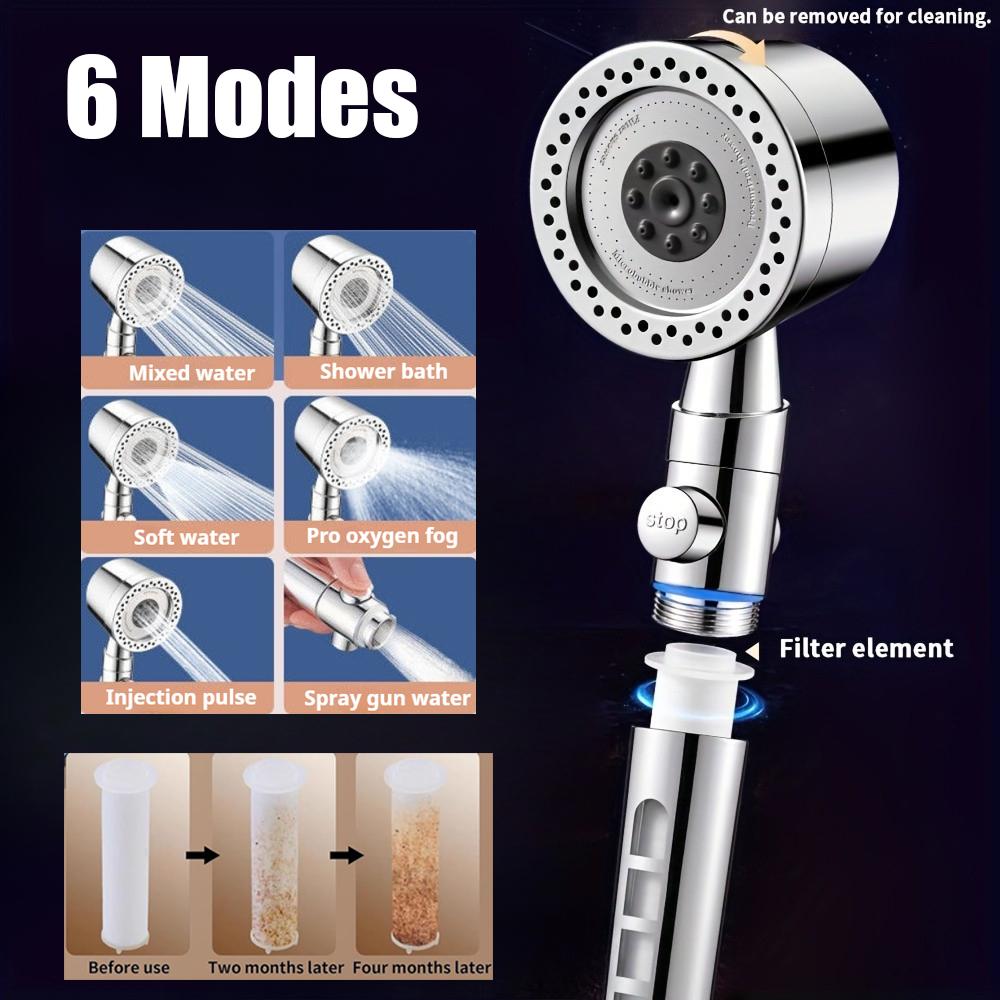6 Modes High Pressure Shower Head ABS Water Saving Filter Showerhead Fall Resistance Bath Shower Nozzle Set with Stop Button