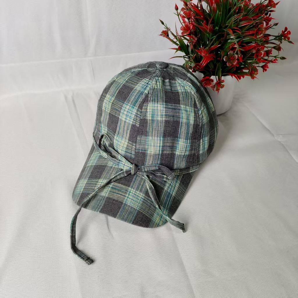 Niche design casual plaid bow baseball hat versatile big head circumference showing face small sunshade cap