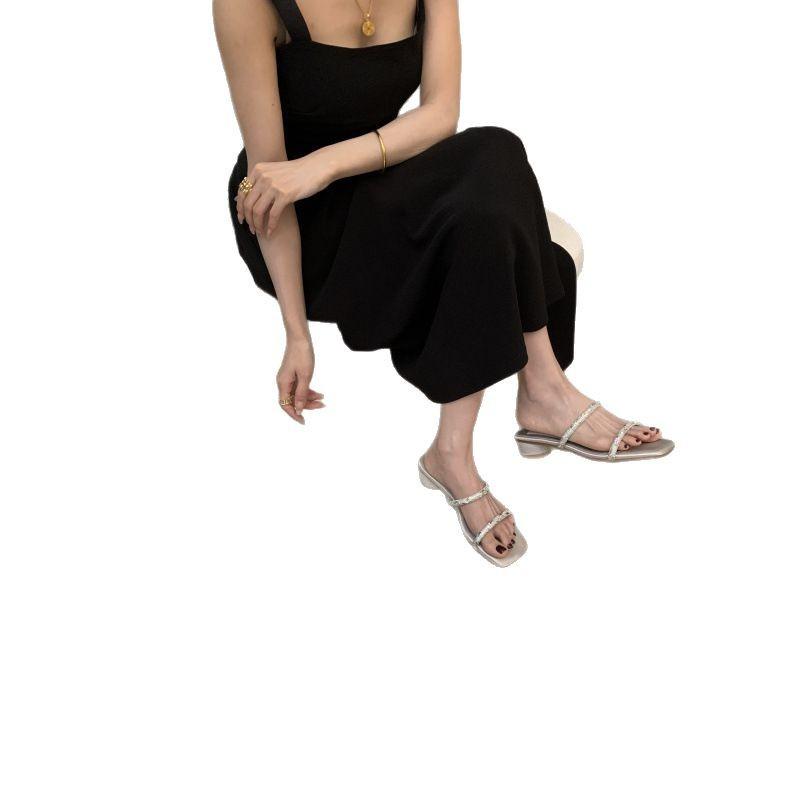 Premium open-toed square head cool slippers women's summer new wear rhinestones with thick-heeled sandals