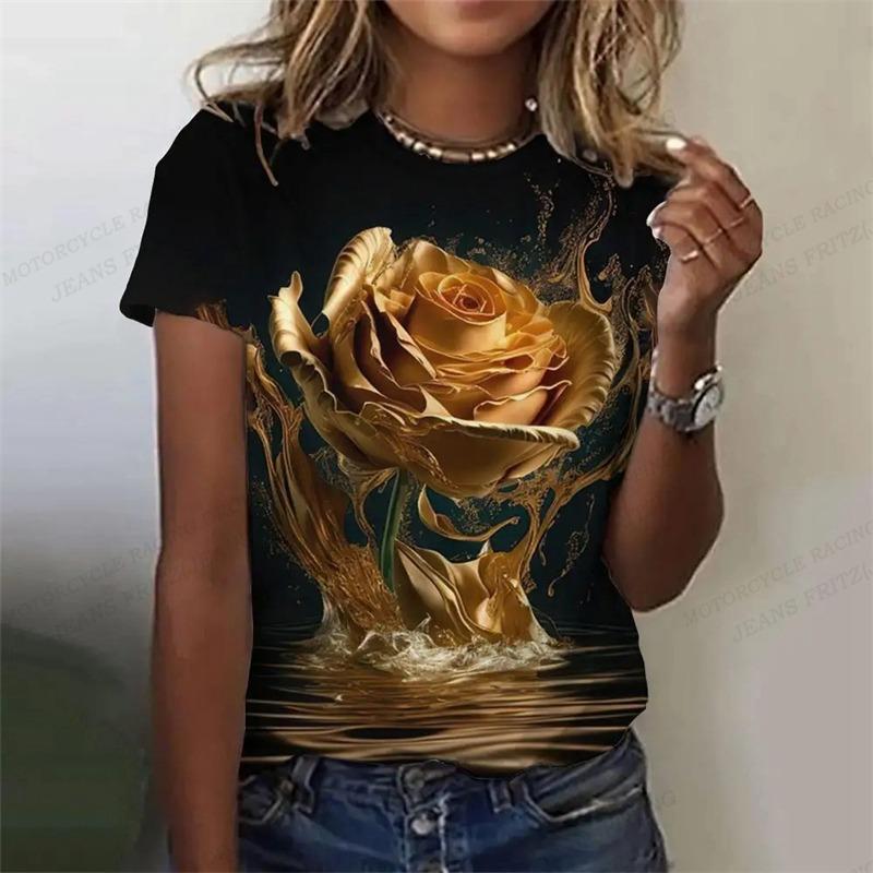

Футболка с принтом Golden Rose 3D, красивая женская одежда, женские топы с цветочным принтом Harajuku, футболки, женская футболка с коротким рукавом и круглым вырезом S