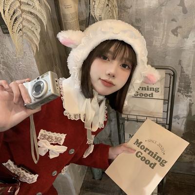 Cute Cat Ear Lace Hats Warm Soft Lovely Lamb  Bucket Beanies Hat Outdoors Winter Warm Caps Christmas Gift
