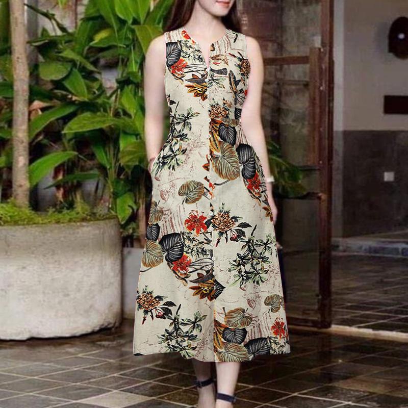 

ZANZEA Женское повседневное хлопковое платье с V-образным вырезом, без рукавов, с цветочным принтом 3XL жёлтый