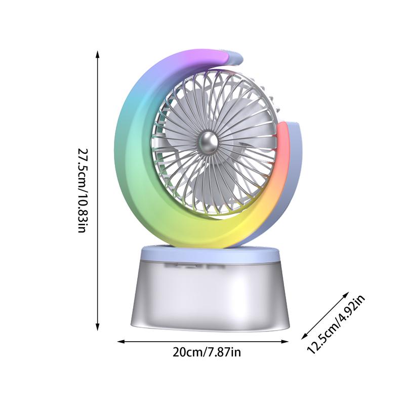 Rechargeable Desk Fan Colorful Quiet Cooling Fan USB Rechargeable Camping Fan With Flashing Light 3 Speeds Adjustable Portable