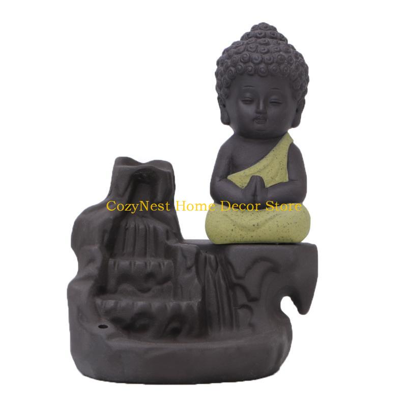 92MF Ceramic Little Monk Smoke Backflow Cone Censer Holder Incense for Burner Decorat