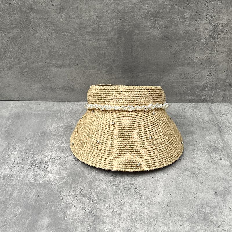 25 Spring And Summer Raffia Roofless Straw Hat Women'S Light Luxury Rhinestone Pearl Empty Top Hat Breathable Sun Hat Design Sense