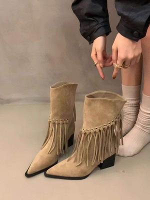 Frosted French Pointed Tassel Thick Heel Short Boots 2025 Autumn and Winter New Temperament Knight Boots Suede Western Cowboy Boots