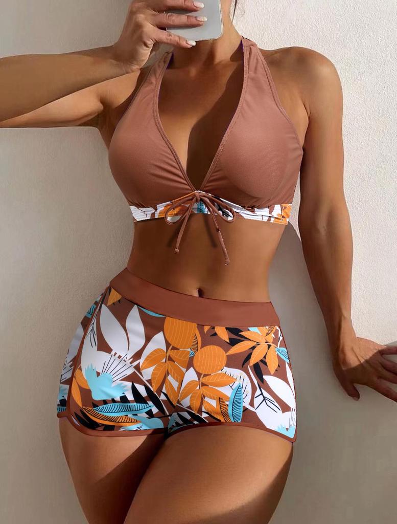 Maillot de bain bikini fendu à imprimé multicolore pour femme avec cordon de serrage et coupe plate sur les jambes