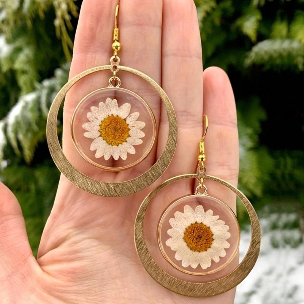 1pair Bohemian Style Dried Flower Circle Pendant Earrings, Sunflower Earrings for Women, Daily Casual Fashion Accessories, Valentine's Day Gift