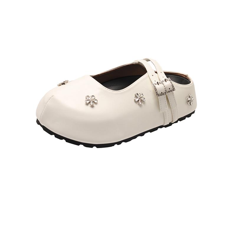 Fashion Spring 2025 Fashionable Simple Diamond Flower Head Cover Semi Slip-On Flat Bottom Round Toe  Women's Casual Shoes