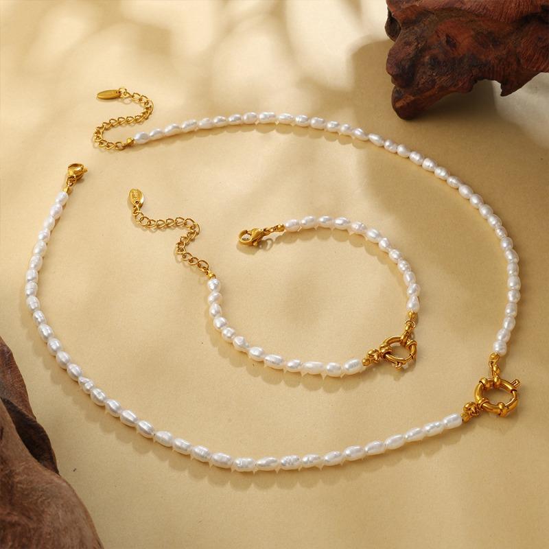 Meier Vintage natural baroque pearl necklace & unique designer gold spring clasp bracelet
