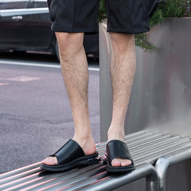 2025 summer new sandals men's leather air cushion cool slippers wear casual soft bottom light one-word drag men