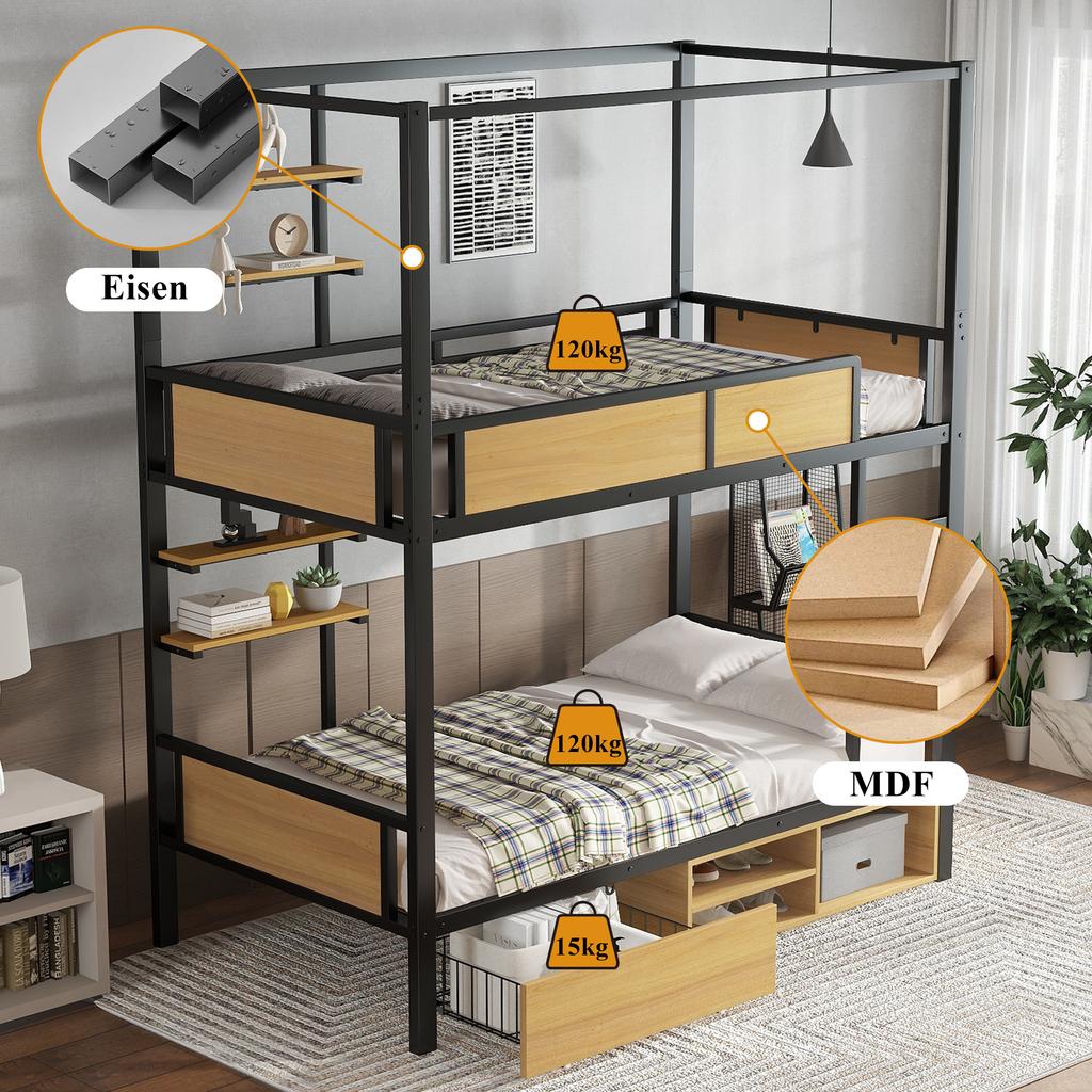 Bunk Bed, Iron + MDF, Double Shelf Board On the Side, Storage Space Under Bed, Bed Curtain Can Be Attached To Upper Bed, Black + Natural, 90x200cm