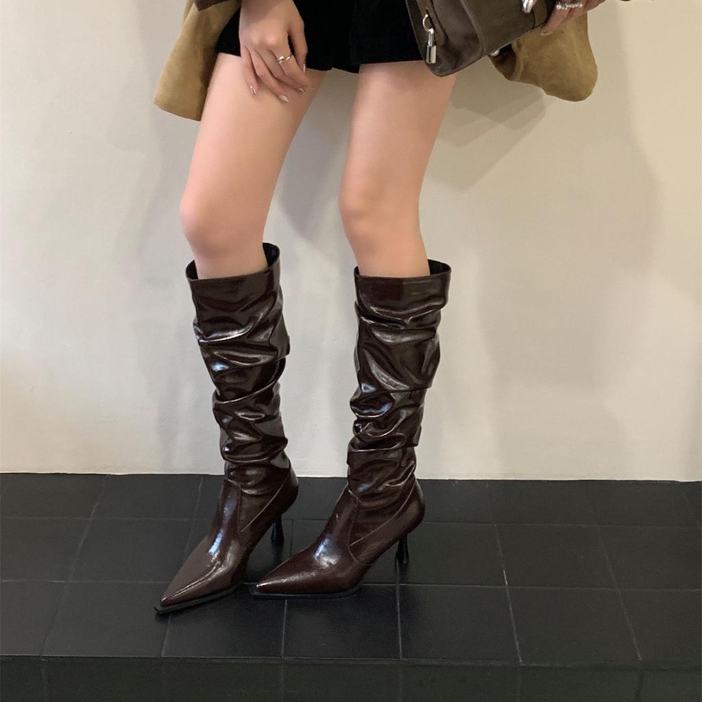 Pointed European and American sexy stacked high-heeled boots thin-heeled pleated boots but knee-high knight boots women