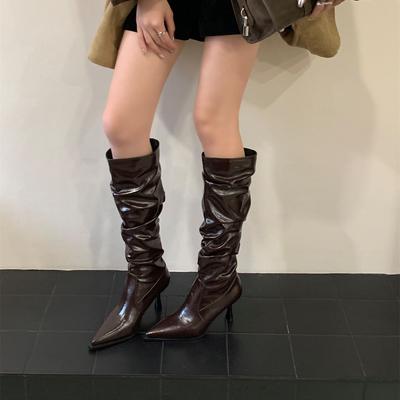 Pointed European and American Sexy Stacked High-heeled Boots Thin-heeled Pleated Boots But Knee-high Knight Boots Women