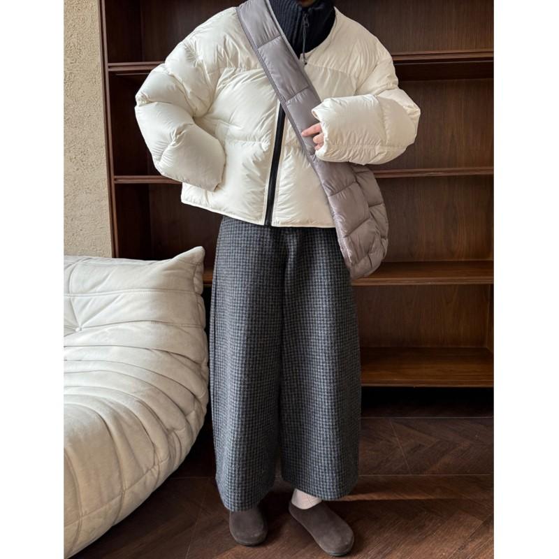 Johnature Wide-Leg Pants Women Vintage Plaid Cropped Pants Thick Casual Suit Pants For Winter