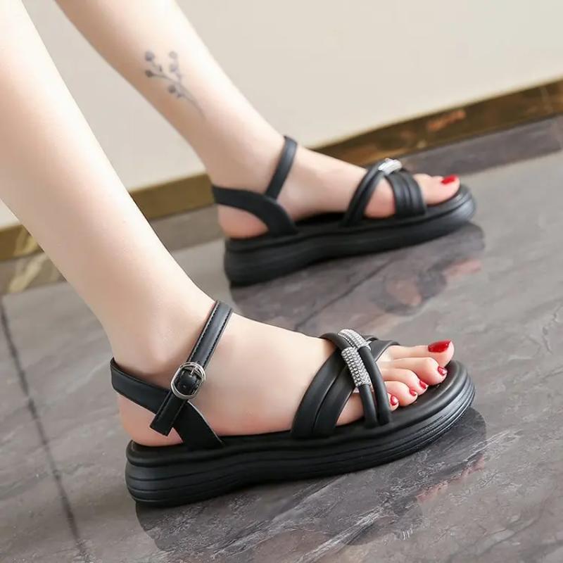 Fashion Comfort Shoes for Women Luxury Sandals 2025 Summer Clogs With Heel Open Toe Suit Female Beige Cross Fashion Thick New Girls Low